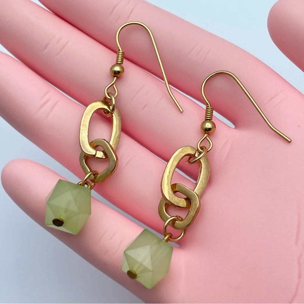 Premier Designs “With It” Gold Dangle Earrings with Green Beads